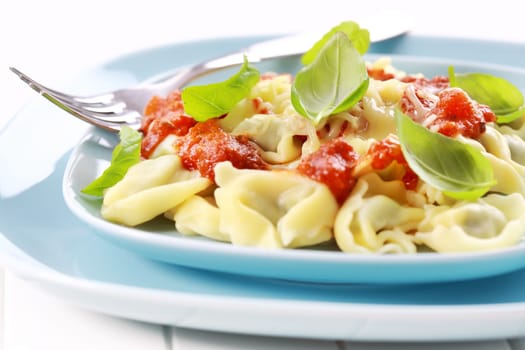 Tortellini with tomato sauce and cheese, fresh basil