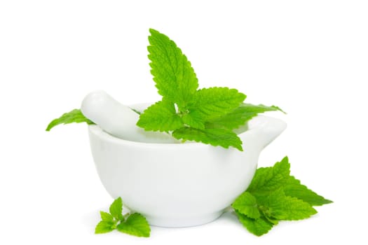 Lemon balm leaves with pestle and mortar used to crush the leaves for herbal and medicinal use and as a flavouring in cooking