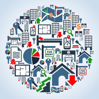 Real estate icon set in globe shape background illustration. Vector file layered for easy manipulation and custom coloring.