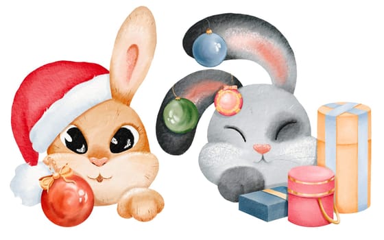 Collection of adorable rabbits with a festive flair. Santa Claus hat Christmas ornament and gift. Rabbit portraits for stickers, cards, sets, design elements. Isolated watercolor digital illustration.