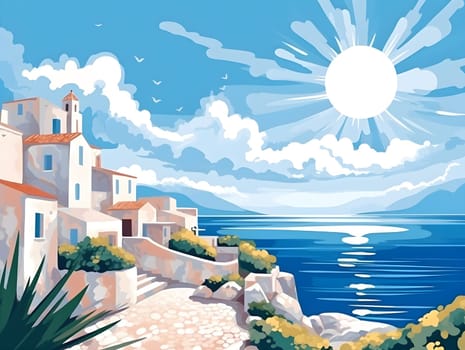 Vibrant landscapes of the Mediterranean coast, depicting white-washed village - AI generative