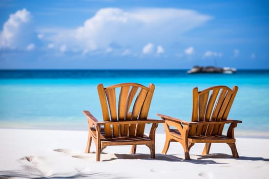 two wooden chairs in a tropical beach environment - AI generative