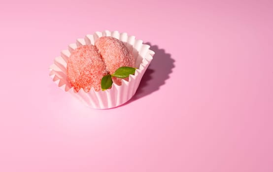 Peach Cookie. Sugar Pink Coated Homemade Dessert. Orange Infused Sweet Ricotta Peach Cookies On Pink Background. Copy Space For Text. Horizontal Plane. High quality photo