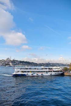 Turkey istanbul 18 july 2023. Transport ferry in the Bosphorus. Ferryboat carries passengers.