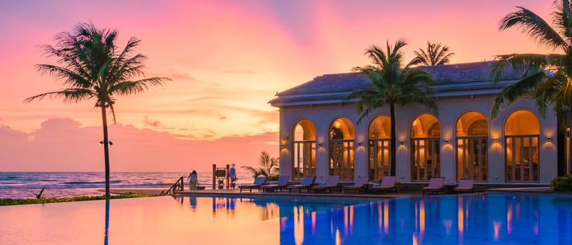 sunset at a swimming pool during a vacation on a tropical island sunset on a tropical beach