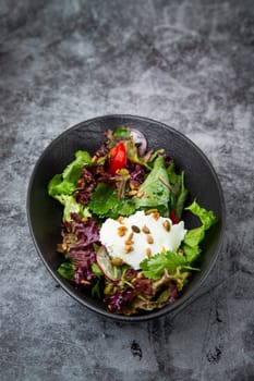 Green salad with radishes, tomatoes, herbs, cheese and nuts on a dark plate, top view. High quality photo