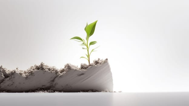 a small plant with three leaves growing out of a pile of soil that is cracking apart. The image symbolizes the concept of overcoming obstacles, achieving growth, and reaching potential. High quality photo