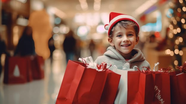 Smiling child with Christmas gifts in shopping bags at the mall. Christmas sale concept.