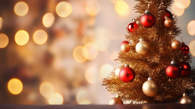 Christmas tree with red gold decorations and baubles on blurred bokeh lights background.