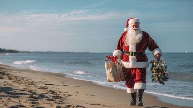 Santa Claus walks along the ocean shore with a bag of gifts. Merry Christmas and Happy New Year concept