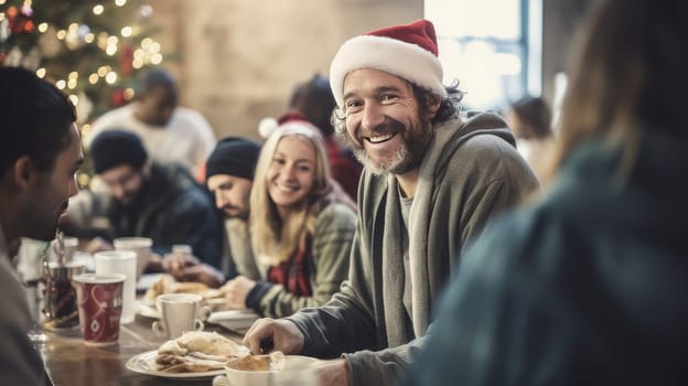A positive homeless man sits at a table in a noisy homeless shelter cafeteria, surrounded by other people. Christmas concept.
