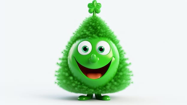 Green Christmas tree with a cheerful face, 3D character isolated on white background. Merry Christmas and Happy New Year concept