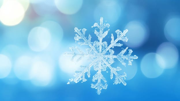 Beautiful snowflake close-up on a blue defocused background, macro photo. Merry Christmas and Happy New Year concept