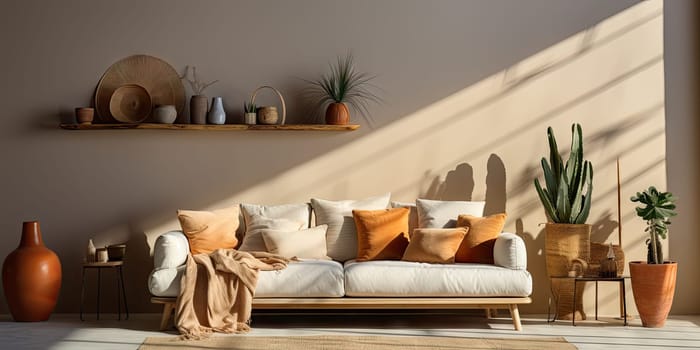 Contemporary apartment home interior design concept, casual design background concept, earthy materials and color tones, details, beautiful concept in the morning sunlight by Generative AI.