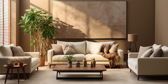 Contemporary apartment home interior design concept, casual design background concept, earthy materials and color tones, details, beautiful concept in the morning sunlight by Generative AI.