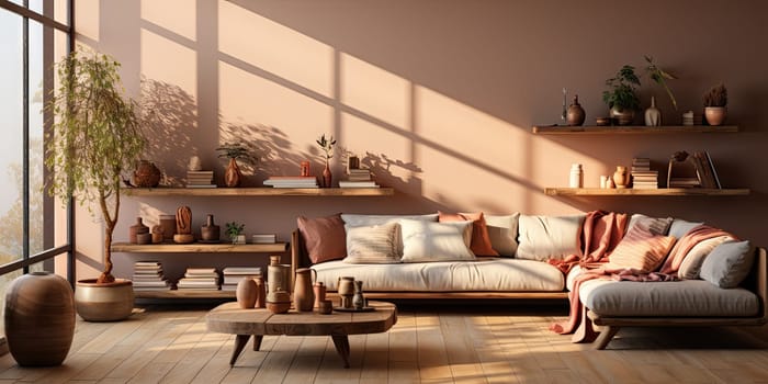 Contemporary apartment home interior design concept, casual design background concept, earthy materials and color tones, details, beautiful concept in the morning sunlight by Generative AI.