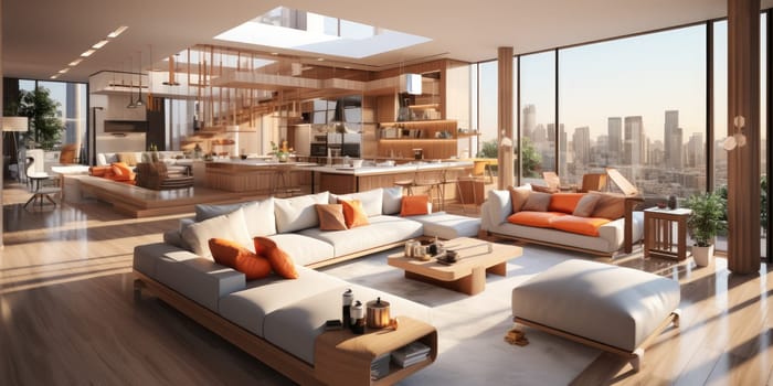 Contemporary apartment home interior design concept, casual design background concept, earthy materials and color tones, details, beautiful concept in the morning sunlight by Generative AI.