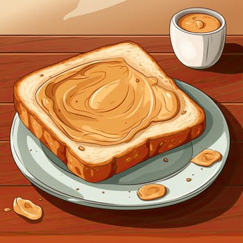 Cartoon flat Illustration of peanut butter toast near coffee, slice of peanut butter bread. Healthy breakfast.