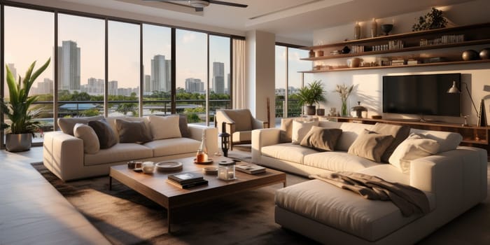 Contemporary apartment home interior design concept, casual design background concept, earthy materials and color tones, details, beautiful concept in the morning sunlight by Generative AI.