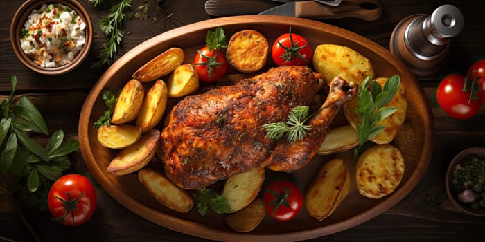 Top view of baked chicken with potatoes close-up on a plate on a rustic table.