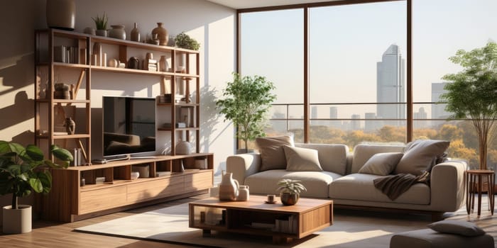 Contemporary apartment home interior design concept, casual design background concept, earthy materials and color tones, details, beautiful concept in the morning sunlight by Generative AI.