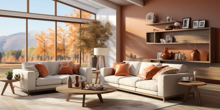 Contemporary apartment home interior design concept, casual design background concept, earthy materials and color tones, details, beautiful concept in the morning sunlight by Generative AI.