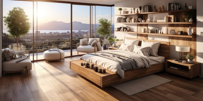 Contemporary apartment home interior design concept, casual design background concept, earthy materials and color tones, details, beautiful concept in the morning sunlight by Generative AI.