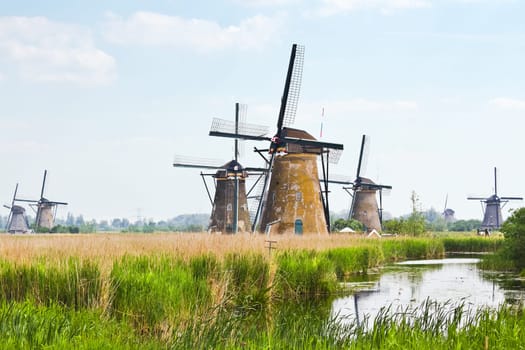 Dutch countrylandscape in Kinderdijk, the Netherlands with eight from the nineteen windmills on hazy day