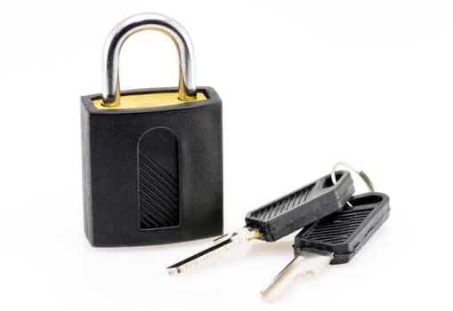 Padlock with keys on white background
