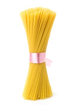 Raised spaghettsi tying up with a pink ribbon, isolated on white background