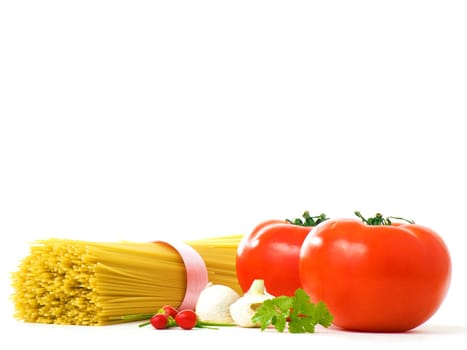 Materially for spaghettis, tomatoes, peppers, garlic, parsley, over a white background