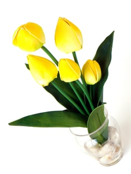 Yellow tulips in a vase for indoor decoration isolated on white background