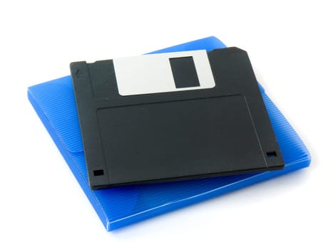 Floppy disk on a blue case isolated on white background