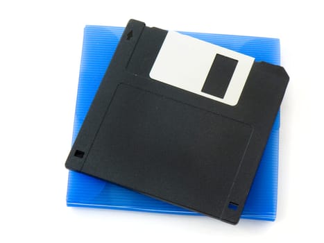 Floppy disk on a blue case isolated on white background