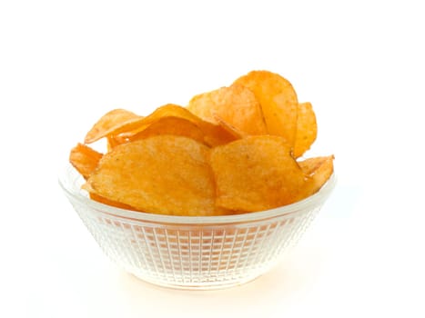 Potato chips in a bowl isolated on white background