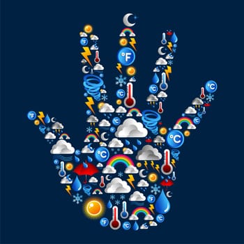 Weather icons set in hand shape over blue background. Vector file layered for easy manipulation and custom coloring.