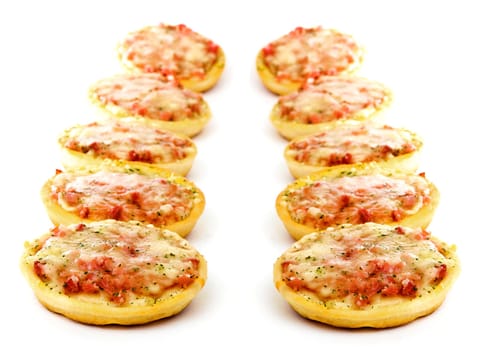 Ten mini circle pizza isolated on white background