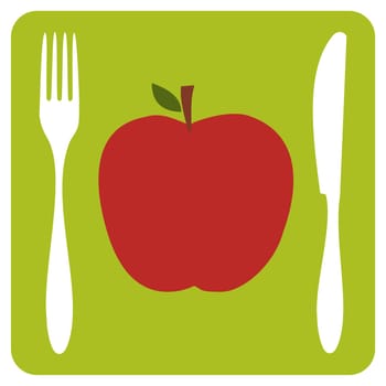 Menu restaurant icon. One red apple with cutlery silhouettes on lemon green background. Vector available.