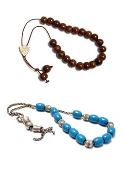 Blue and brown greek traditional rosary on white background