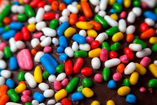 multicoloured truffle candy on dark chocolate, macro shoot