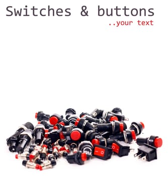 Switches, buttons, fuses, electronic components, technology on white background