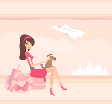 beauty travel girl with baggage and her dog