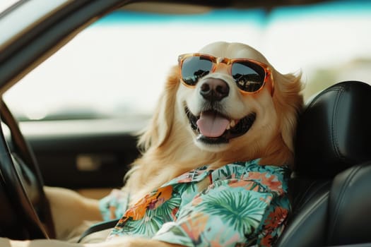 A cheerful golden retriever wearing stylish sunglasses enjoys a sunny ride, radiating joy and playfulness while capturing a perfect moment of summer fun.