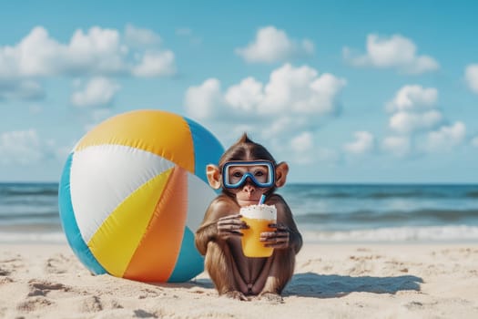 A curious monkey wearing a snorkel mask sits on the beach, enjoying a refreshing beverage beside a colorful beach ball. The vibrant sky and ocean create a blissful tropical atmosphere.