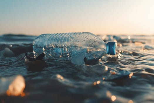 This image captures a dramatic scene of a plastic bottle floating in polluted waters, highlighting the urgent environmental challenge facing our beaches and oceans.