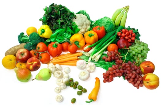 Vegetables and fruits are displayed and isolated on white.
