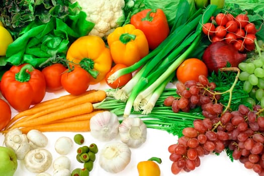 Vegetables and fruits are displayed showing their vibrant colors.