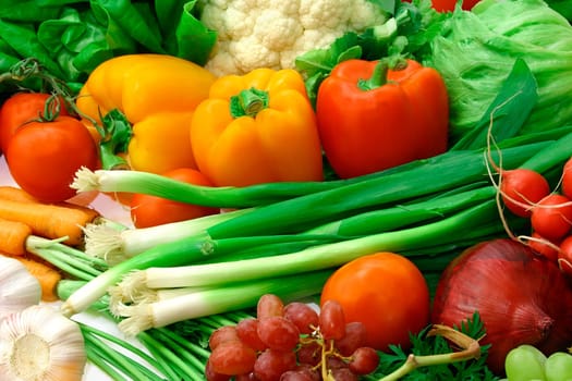 Vegetables and fruits are displayed showing their vibrant colors.