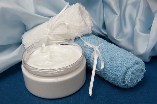 natural products for body care on colored background