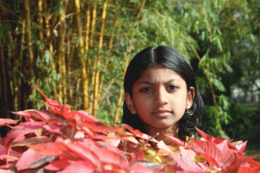 An Indian girl in the middle of red and green foliage in a garden